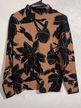 Women’s Tahari Black and Brown Floral Jacquard Mock Neck Sweater Size Medium